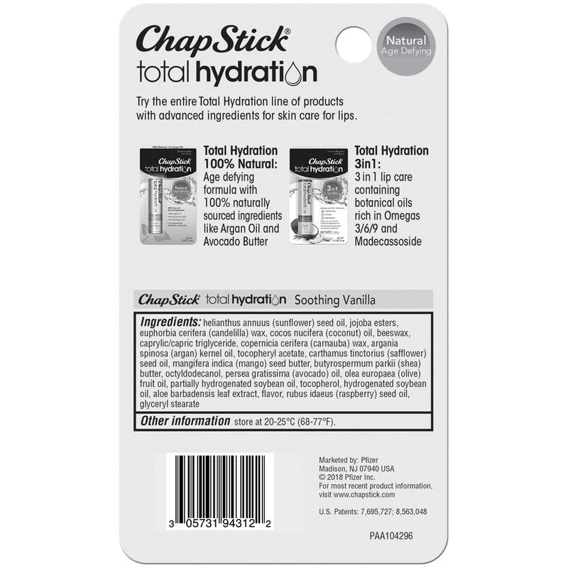 Chapstick Total Hydration (Eucalyptus Mint Flavor, 0.12 Ounce) Flavored Lip Balm Tube, Natural Age Defying Lip Care, Clinically Proven, Non-tinted, Eucalyptus Mint, 1 Count