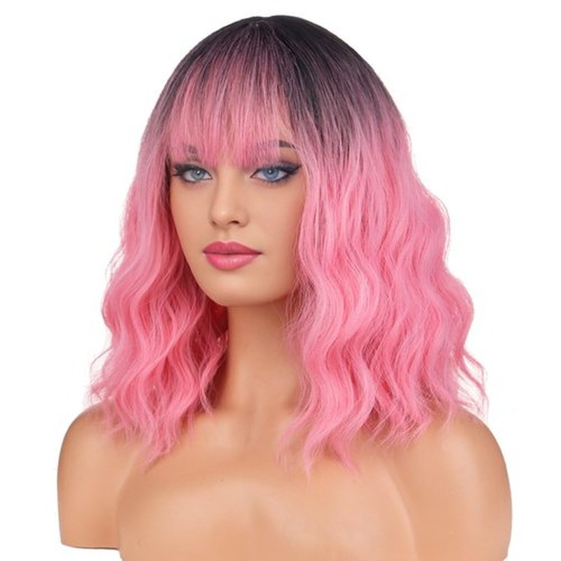 BERON 14 Inches Black Pink Ombre Wig Short Curly Wig with Bangs Pink Wig Synthetic Wigs Women Girls Ombre Wig with Wig Cap
