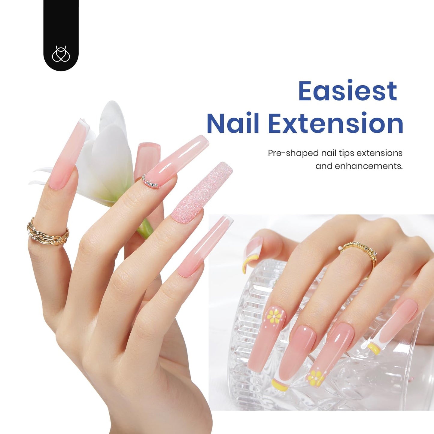 Beetles Gel Nail Kit Easy Extension Set, Long Square Pre Shaped 240 Pcs Clear False Acrylic Nails Tips with 5 In 1 Nail Glue Innovative UV Led Lamp DIY Manicure Salon at Home