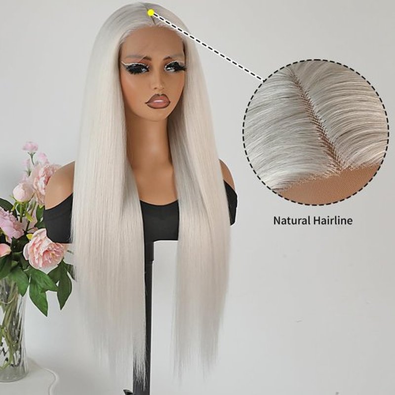 Maycaur Platinum White Synthetic Hair Wigs with Natural Hairline Long Straight Women's Wig 26 Inch Heat Resistant Synthetic Lace Front Wigs for Fashion Women