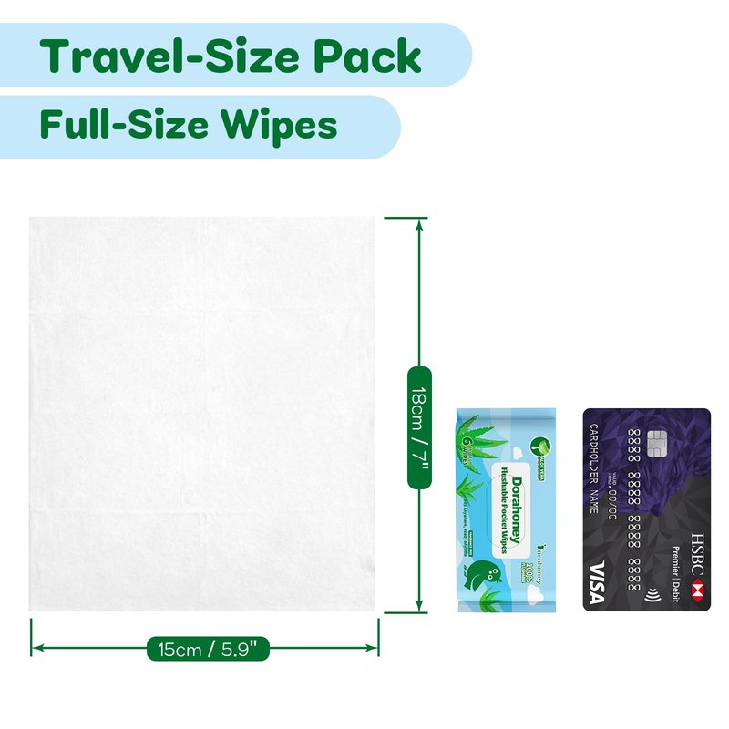 Dorahoney Flushable Travel Wipes with Aloe Vera, 99% Water Moisturizing Mini Wet Wipes for Sensitive Skin, Unscented Pocket Wipes for On The Go Travel Essentials, Total 48 Count (8 Packs of 6)
