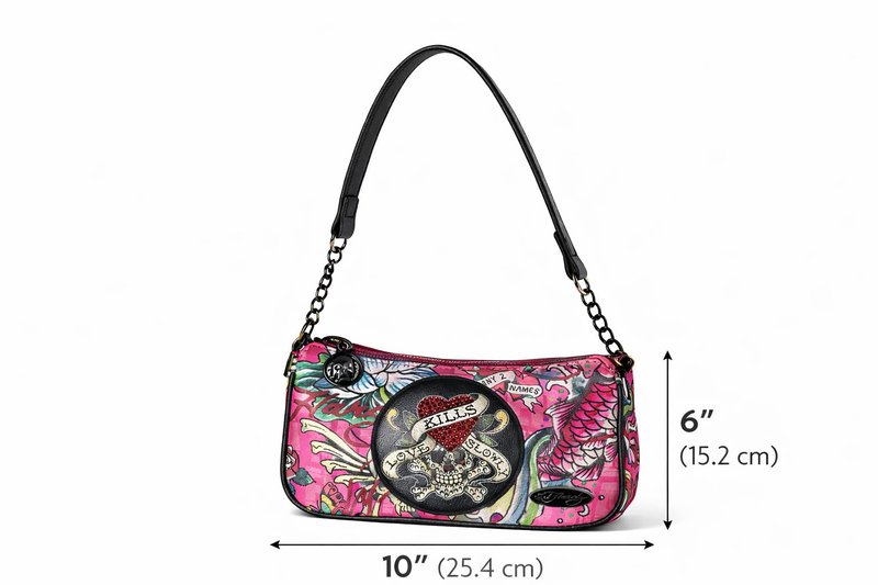 ED HARDY Women's Shoulder Bag, Chain Strap with Charm Detail, Zip Top, 9 x 4 x 2 Inches (Electric Ink Pink)
