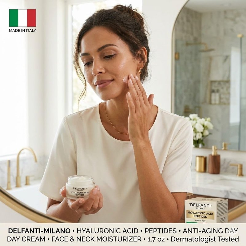 Delfanti-Milano ⢠HYALURONIC ACID with PEPTIDES ⢠Anti-aging ⢠Brightening Day Cream ⢠Face & Neck Moisturizer ⢠From Italy ⢠1.7 oz
