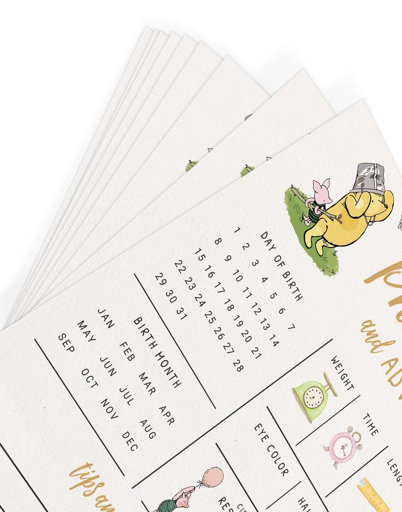 Printed Party Baby Predictions & Advice Cards – Classic Pooh Theme, Winnie Baby Shower Game for Guests, Gender Reveal Activity for Boy or Girl Activity, 30 Pack