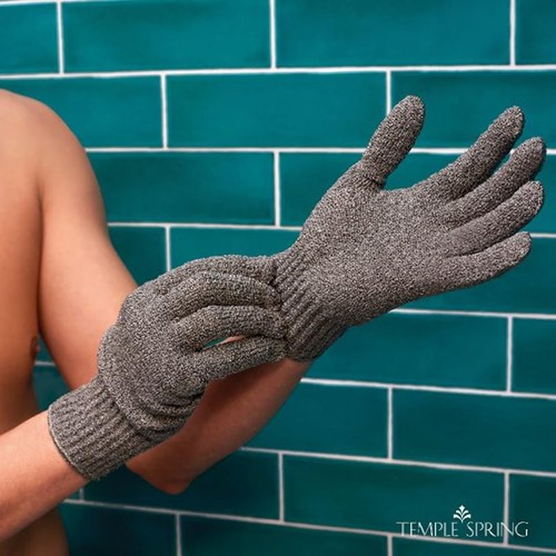 Temple Spring Exfoliating Gloves - Rayon Bamboo Bath/Shower Gloves, Bath Gloves for Shower Exfoliating and Ingrown Hair/Dead Skin Remover - Exfoliator Mitt Scrub Gloves - XL GREY