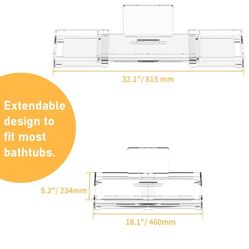 Bathtub Tray Caddy Table for Tub - Rulyyo Tub Tray Bath Caddy Tray for Bathtub, Clear 18-32.5 Inch Expandable Over The Tub Bath Tray for Bathtub, Waterproof Bathtub Caddy Tray for Luxury Bath
