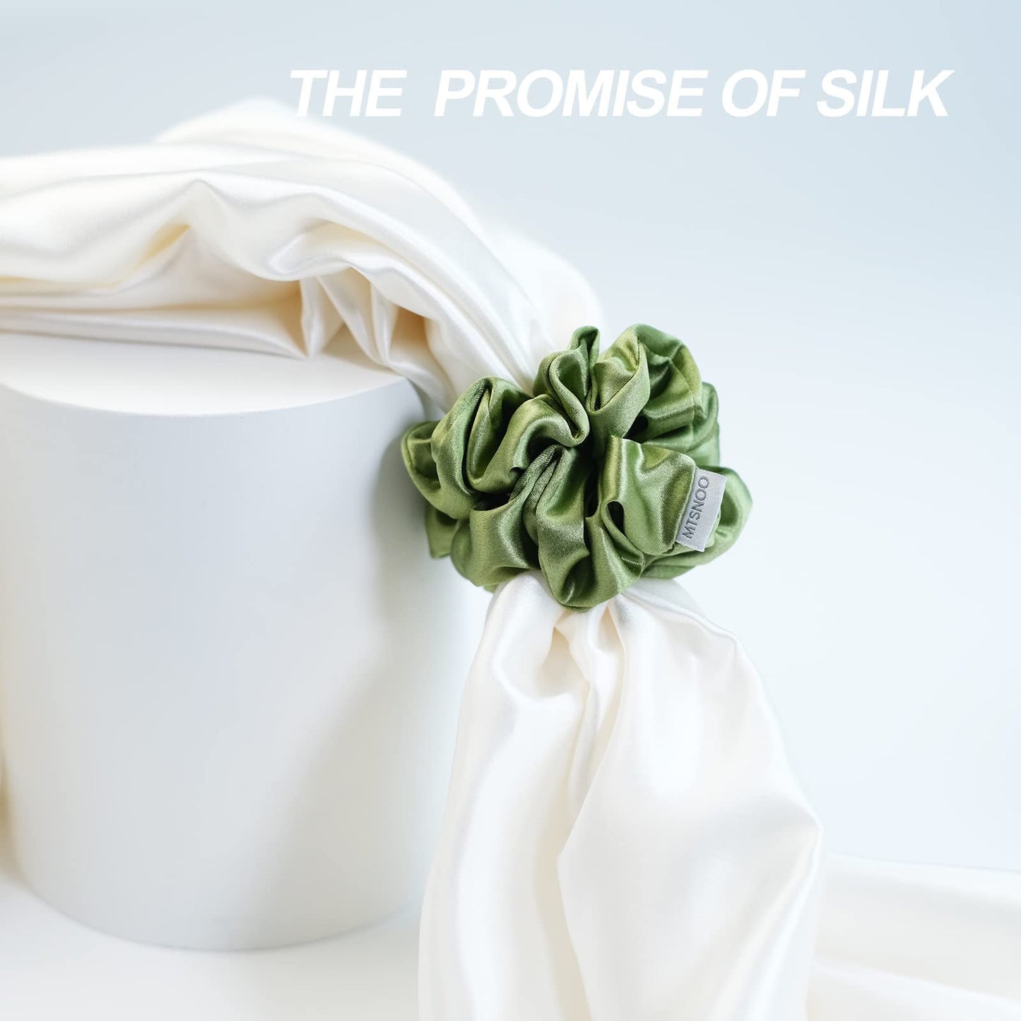 MTSNOO Silk Scrunchies, 3 Pack - 100% Pure 22 Momme Mulberry Silk Scrunchies for Curly Hair with Elastic Band, Silk Hair Ties Ropes Scrunchies Set for Women Girls, Dark Green+Olivine+White