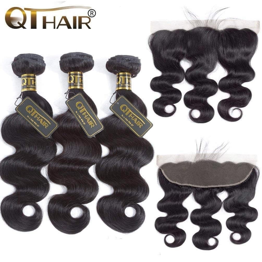 QTHAIR 14A Human Hair Bundles with Transparent Hd Lace Frontal (14 16 18+14) Body Wave Bundles with Lace Closure Brazilian Human Hair Weave Bundles with 13x4 Frontal Virgin Hair Weft 150% Density