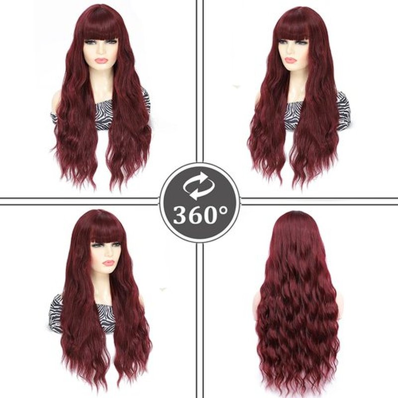 COSYMAY Wavy Wig With Bangs Synthetic Body Wave Wig for Women (Burgundy wig)