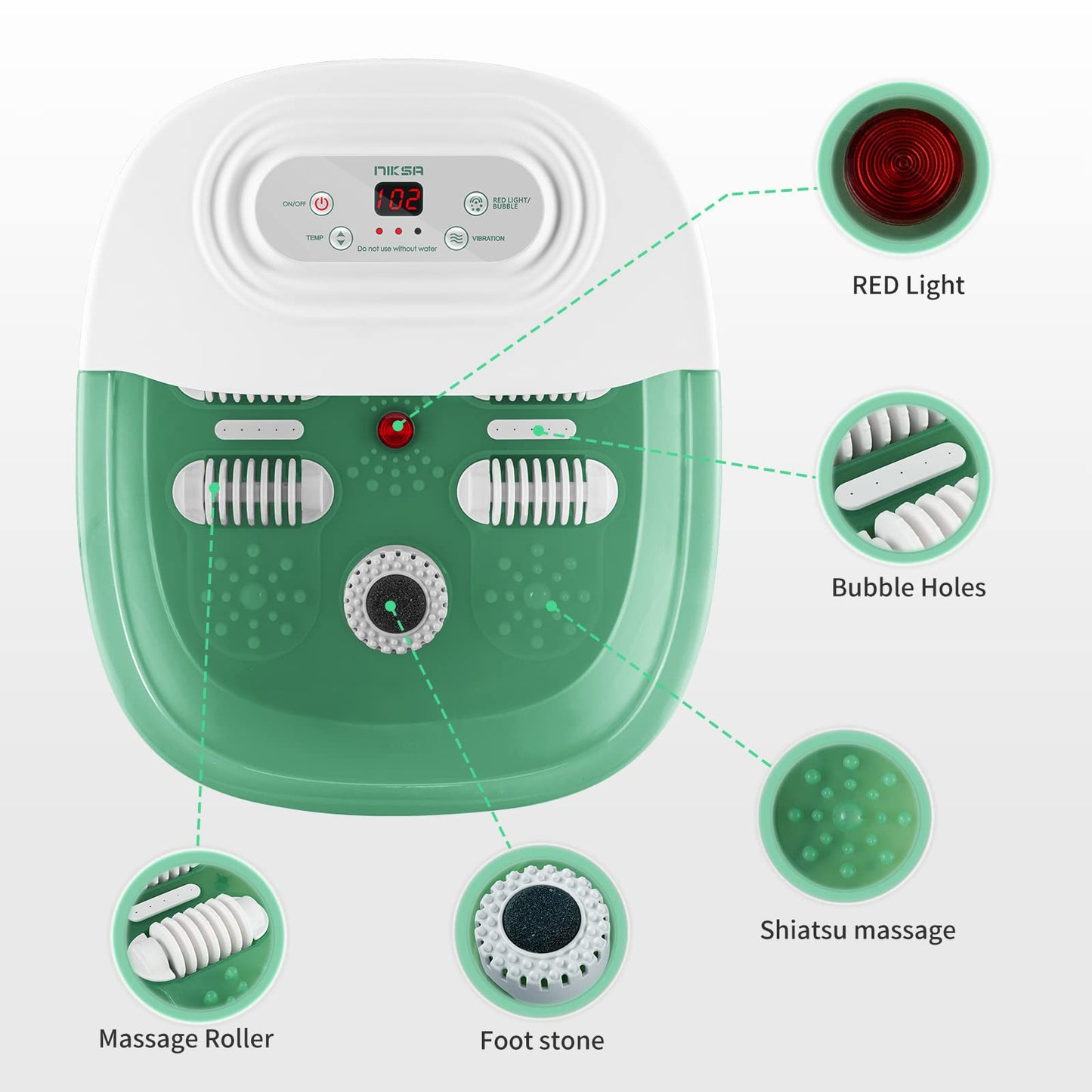 Niksa Foot Spa Bath Massager with Heat, Bubbles, Vibration and Red Light,4 Massage Roller Pedicure Foot Spa Tub for Feet Stress Relief,Foot Soaker with Mini Acupressure Massage Points Green