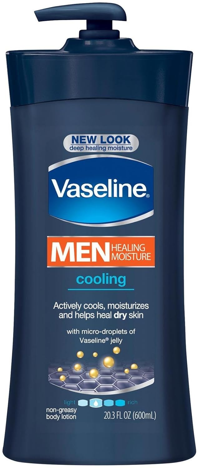 Vaseline Men Cooling Hydration 3-in-1 4 Pack for Dry Skin Face, Hands & Body Lotion for Men with Menthol & Ultra-Hydrating Lipids 20.3 oz