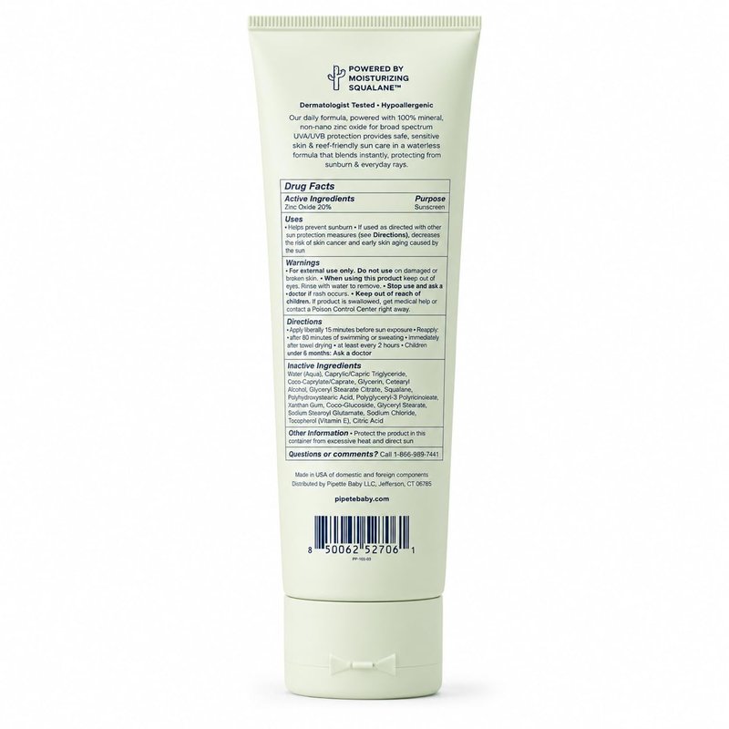 Pipete Mineral Sunscreen Lotion SPF 50, Broad Spectrum UVA/UVB Protection, Hypoallergenic, Fragrance-Free, Non-Nano Zinc Oxide, Water Resistant (80 Minutes), Vegan, 3 fl oz (Pack of 2)