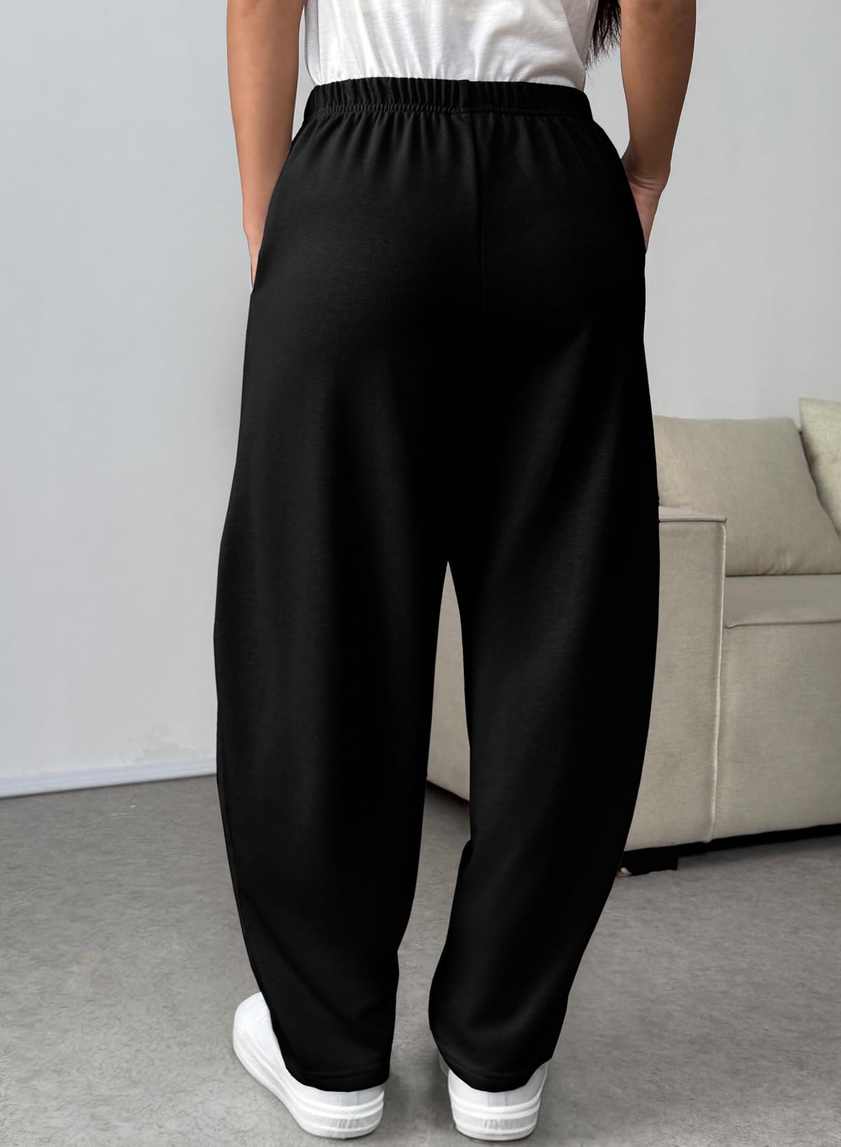 EVALESS Wide Leg Sweatpants Women Fall Clothes Casual Elastic High Waisted Baggy Pants Cropped Length Ballon Joggers with Pockets Black X-Large