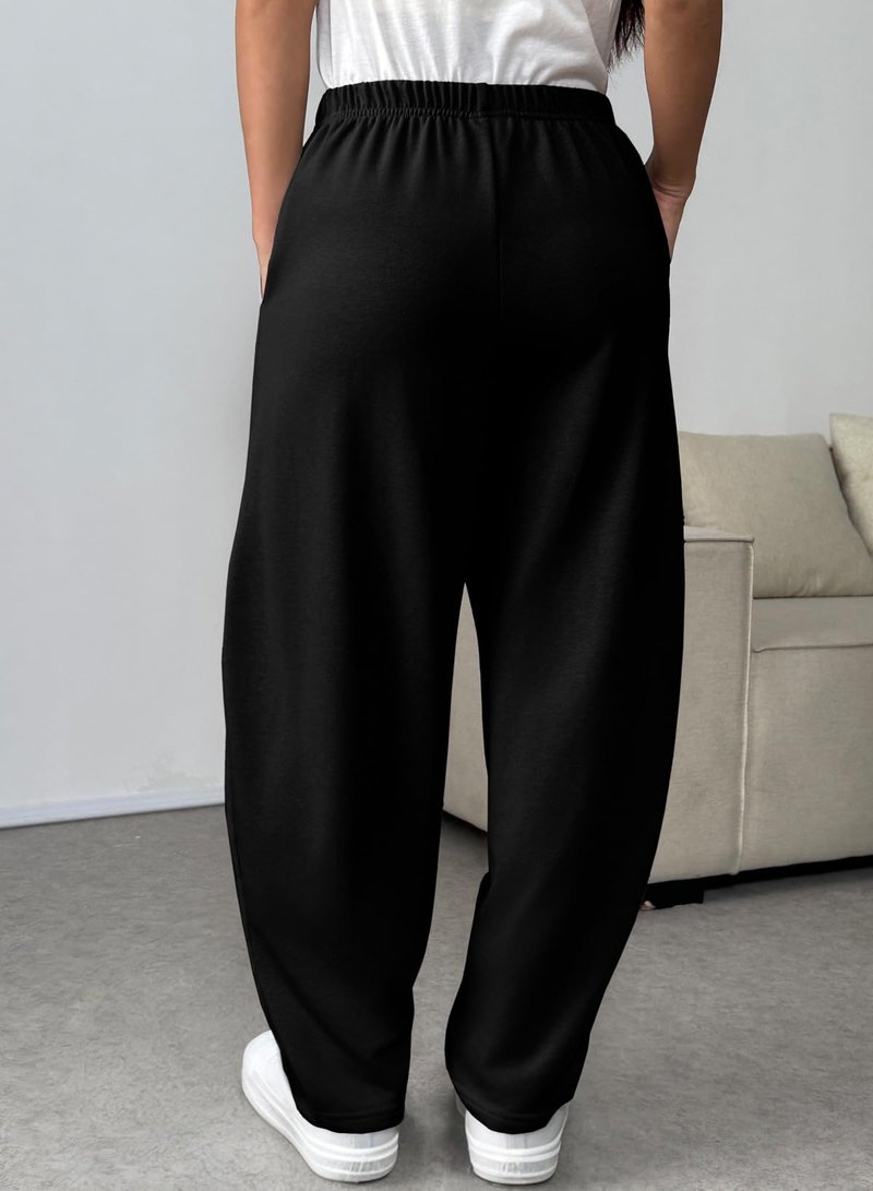 EVALESS Wide Leg Sweatpants Women Fall Clothes Casual Elastic High Waisted Baggy Pants Cropped Length Ballon Joggers with Pockets Black X-Large