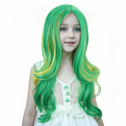 Ufindcos Green Mixed Yellow Wig for Kids Long Colorful Wig Long Wavy Curly Child Wig Green Mixed Yellow Wig for Girls Middle Part 22 inches Natural Synthetic Wig with Wig Cap