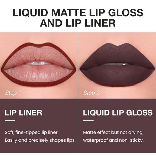 JUAAZIN 2pcs Wine Matte Lip Liner and Lipstick Makeup Set, Vegan Lipstick Lip Liner and Gloss Set Lip Stain Long Lasting Waterproof Smudge-Proof Properties Non-stick Cup(Wine 02#)
