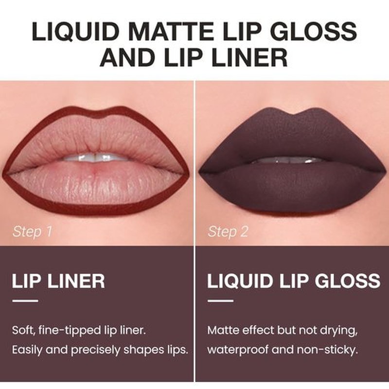 JUAAZIN 2pcs Wine Matte Lip Liner and Lipstick Makeup Set, Vegan Lipstick Lip Liner and Gloss Set Lip Stain Long Lasting Waterproof Smudge-Proof Properties Non-stick Cup(Wine 02#)