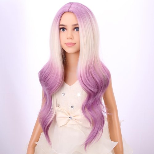 PATTNIUM Blonde Ombre Purple Wig Kids Child Wig Long Curly Wavy Light Purple Wig Blonde to Purple Wig Middle Part Girls Wig Heat Resistant Synthetic Hair Wig with Wig Cap