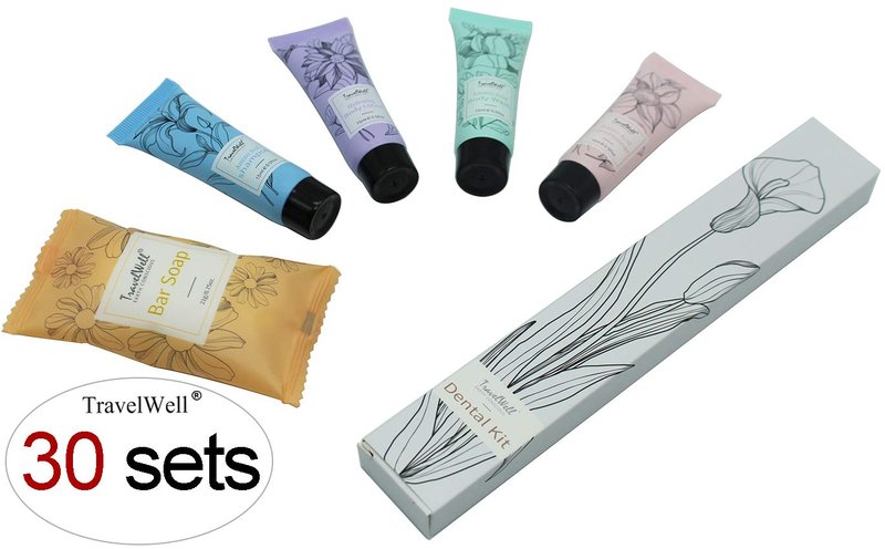 Travel Well Hotel Toiletry Kit Bulk - Individually Wrapped Guest Bathroom Essentials - Shampoo Conditioner Set & Travel Toiletries - Soap Bars & Dental Kits - 180-Piece Set, Mint Scent