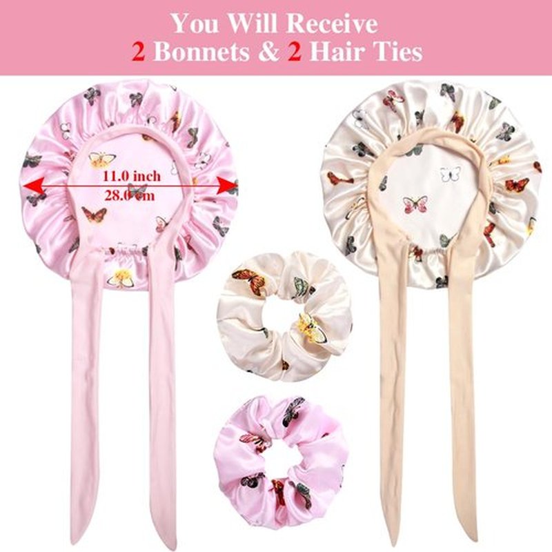 2+2 Satin Bonnets with Scrunchies for Kids, Cute Hair Bonnets for Girls Sleeping Curly Hair, D
