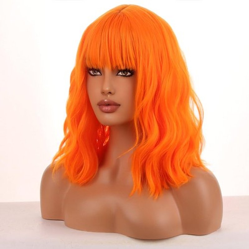 WTHCOS Orange Wig Short Bob Wig Short Curly Wavy Wig With Bangs for Women Orange Wig Heat Resistant Synthetic Hair Wigs for Daily Use Cosplay Wig With Wig Cap