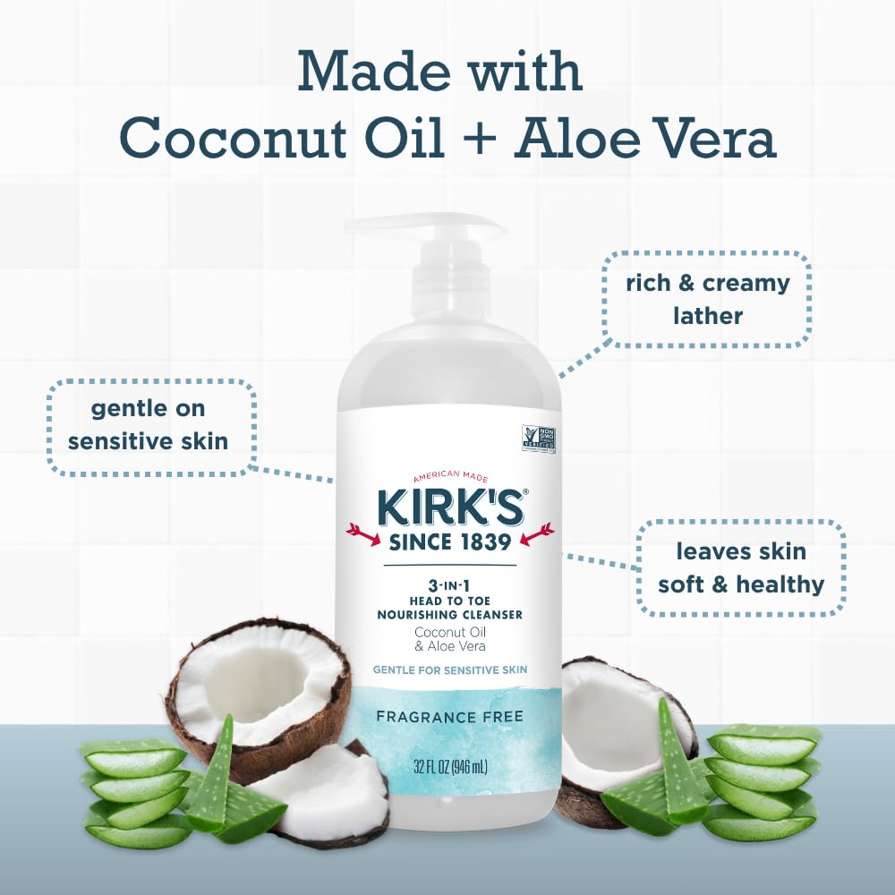 Kirk's 3-in-1 Head to Toe Nourishing Liquid Cleanser & Travel Size Bar Soap - for Men, Women & Children - Premium Coconut Oil and Aloe Vera- Non GMO & Vegan -Fragrance Free - 32 Fl Oz. 2 pack