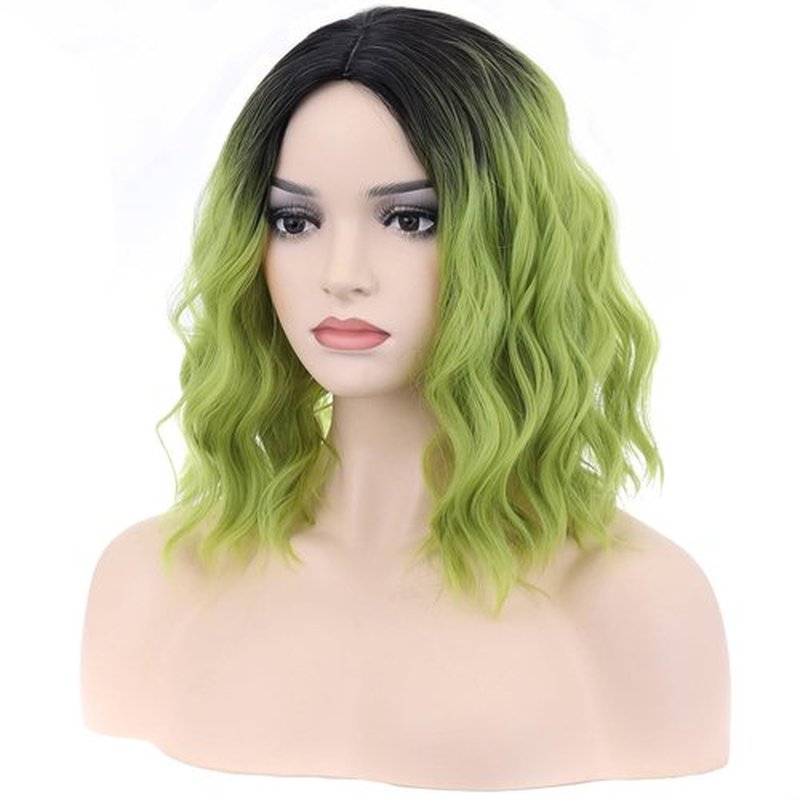 BERON Ombre Green Short Wigs Curly Bob Wig Ombre Color Wavy Hair Wigs Middle Part Women's Synthetic Wigs Daily Party Use
