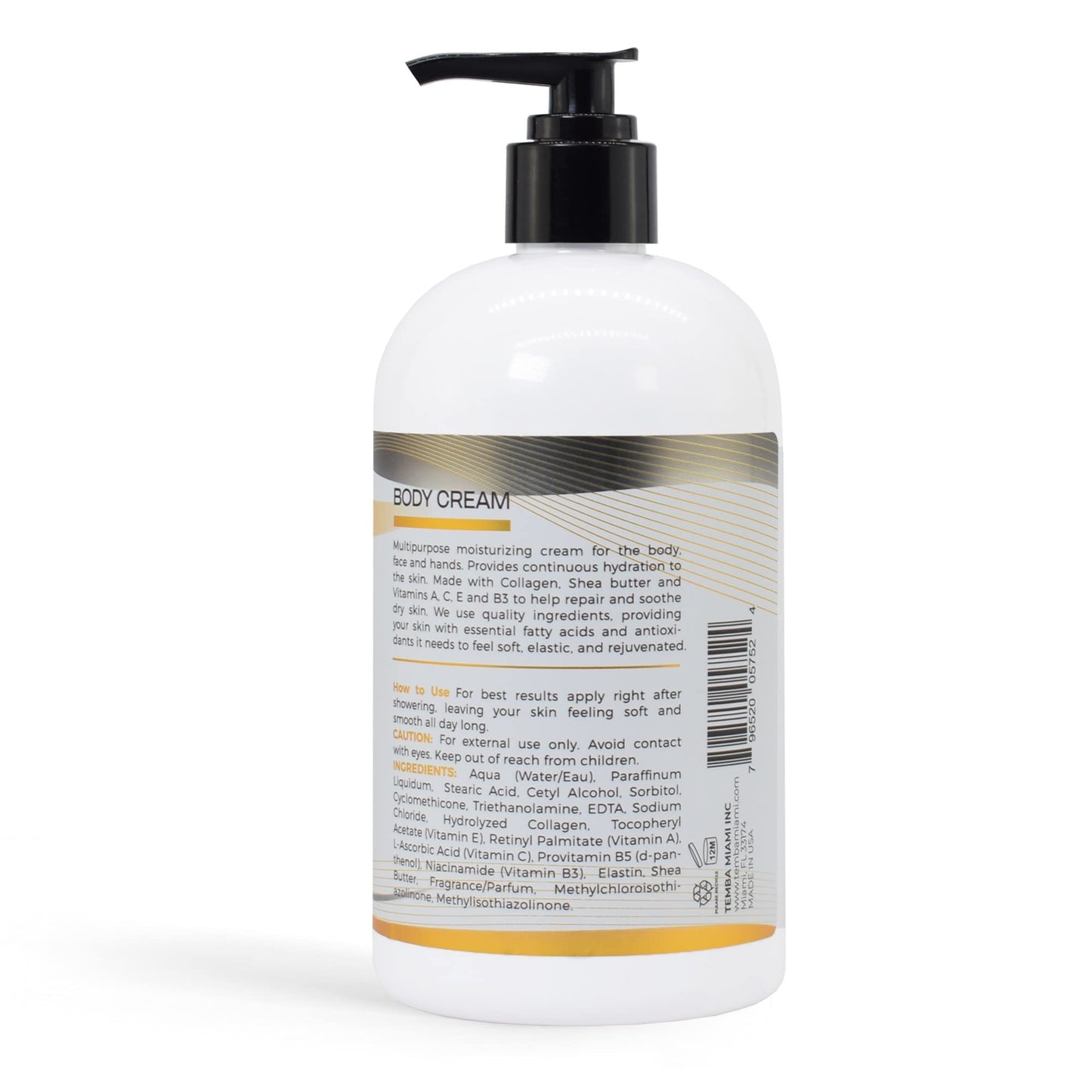 TEMBA MIAMI BODY & HAND CREAM Moisturizer, ANTI-AGING Body Cream, Non Greasy For ALL SKIN TYPES, With COLLAGEN & SHEA BUTTER, White, 16 Oz.