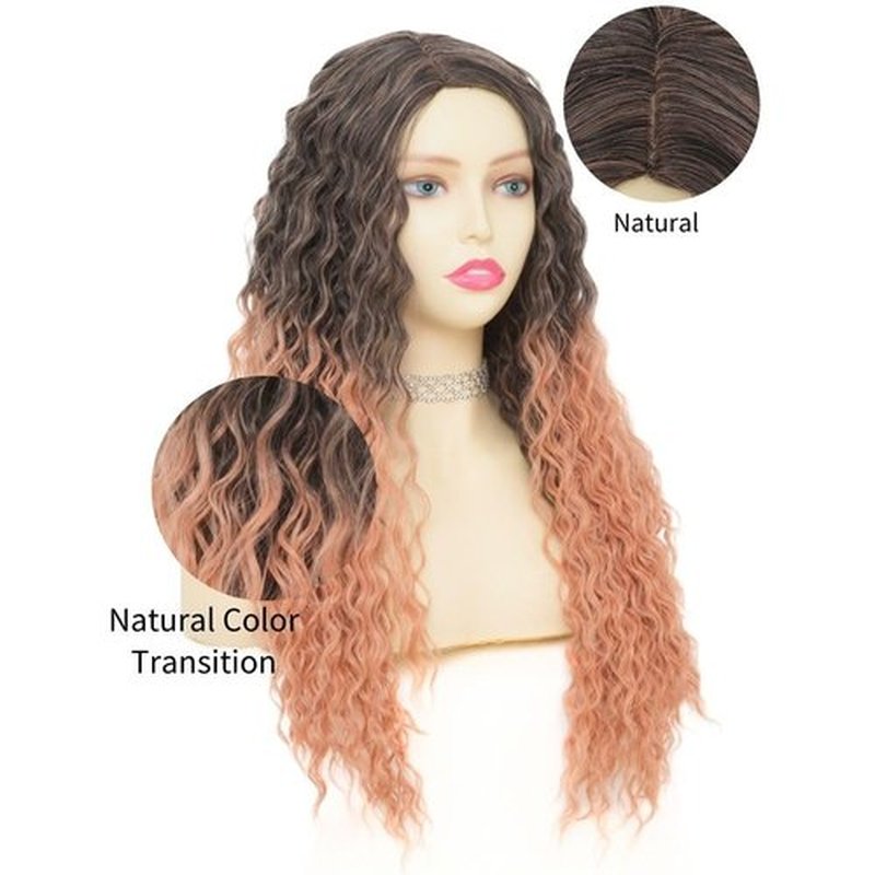 Tseses Ombre Pink Long Curly Wigs for Black Women Natural Fluffy Afro Synthetic Fibre Wig Cosplay Halloween Hair Wigs(Brown and Pink)