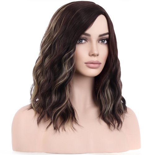 BERON 14" Women Brown Blonde Wigs Girls Short Curly Bob Wavy Wig Brown Highlights Body Wave Halloween Cosplay Daily Party Wigs