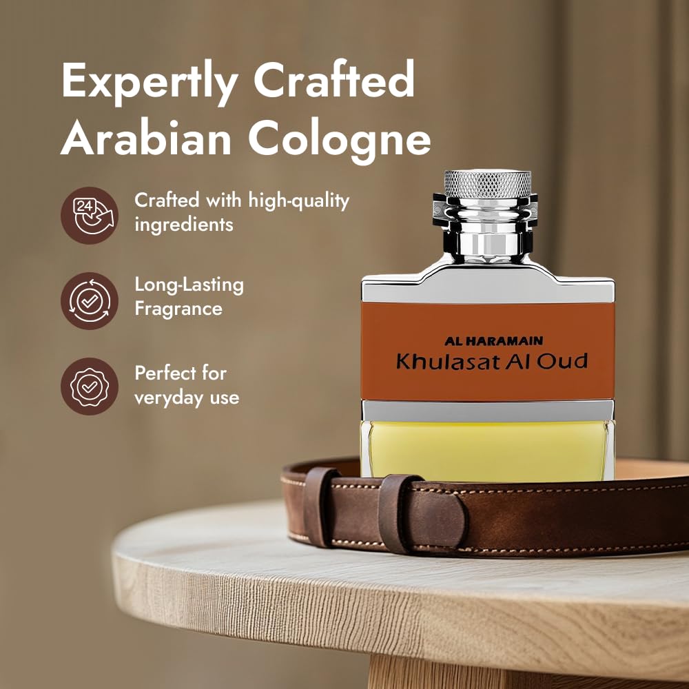 Al Haramain Khulasat Al Oud - Cologne for Men - Long Lasting Arabian Perfume for Men - Eau de Parfum Leather Fragrance with Rose, Amber and Musk- Arabic Perfume - 3.3 oz EDP Spray
