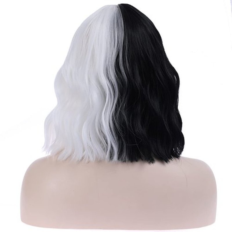 BERON Black and White Short Wigs Curly Bob Wig with Bangs Wavy Hair Wigs Half and Half Women's Synthetic Wigs Daily Party Use