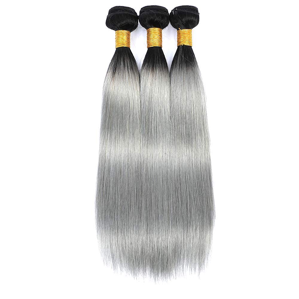Gray Bundles Human Hair Ombre Straight Human Hair Bundles Brazilian Unprocessed Virgin Hair 3 Bundles 18 20 22 Inch Two Tone Silver Straight Bundles Hair Weave Dark Roots