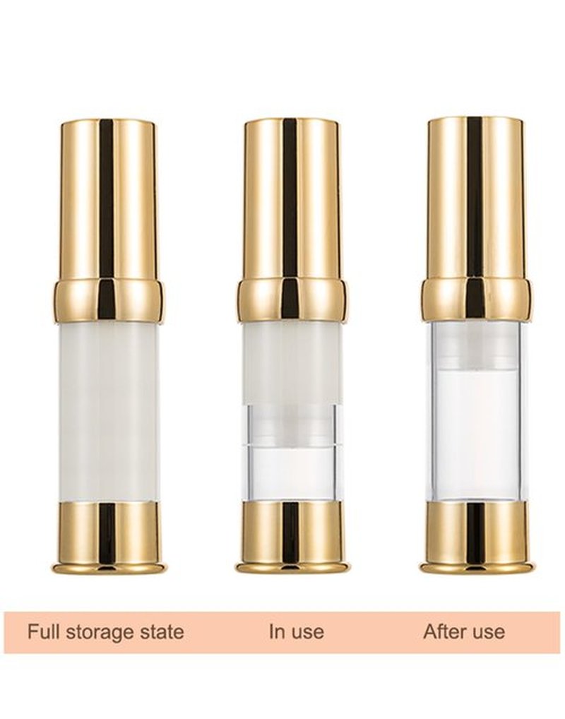 XQNCBY Gold Travel Pump Bottle for Toiletries Travel Size Airless Pump Bottles Travel Set Makeup Pump Dispenser with Box Refillable Empty Makeup Pump Bottle (0.5 oz/15 ml, 4 Packs)