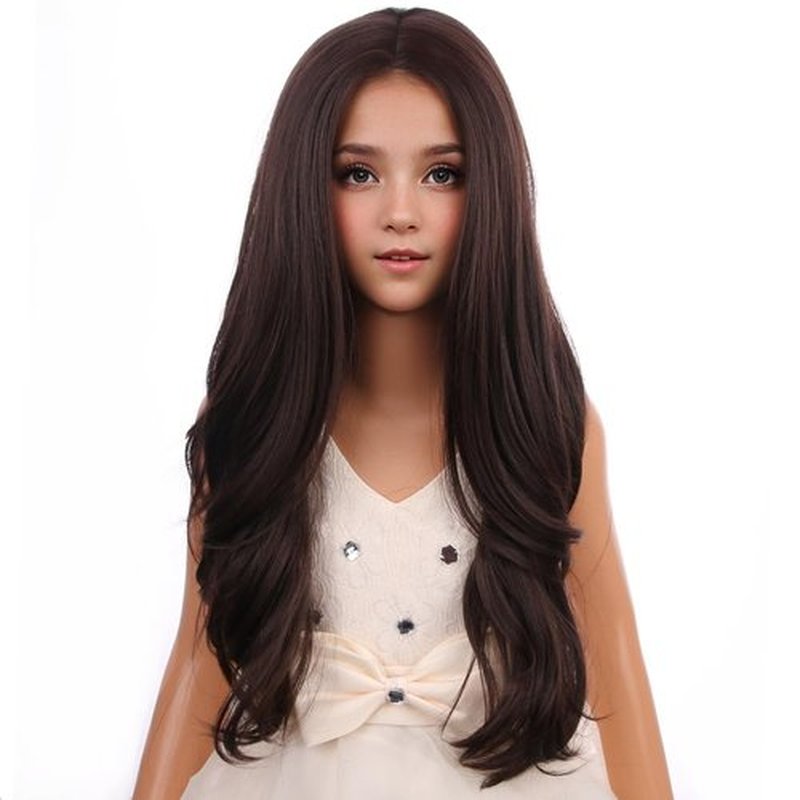 PATTNIUM Long Curly Wavy Brown Wig for Kids Child Mixed Brown Wig Girls Middle Part Dark Brown Synthetic Wig with Wig Cap