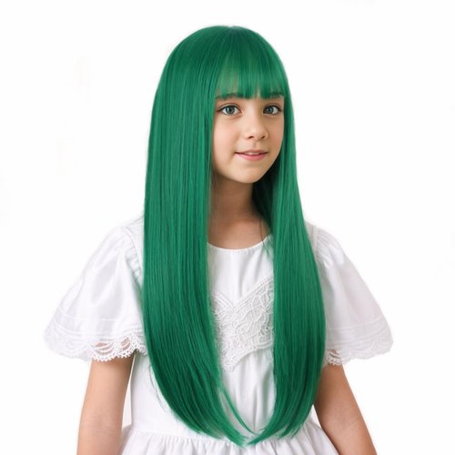 Ufindcos Green Wig for Kids Long Dark Green Wig Long Straight Child Wig Green Wig with Bangs for Girls 22 inches Synthetic Wig with Wig Cap