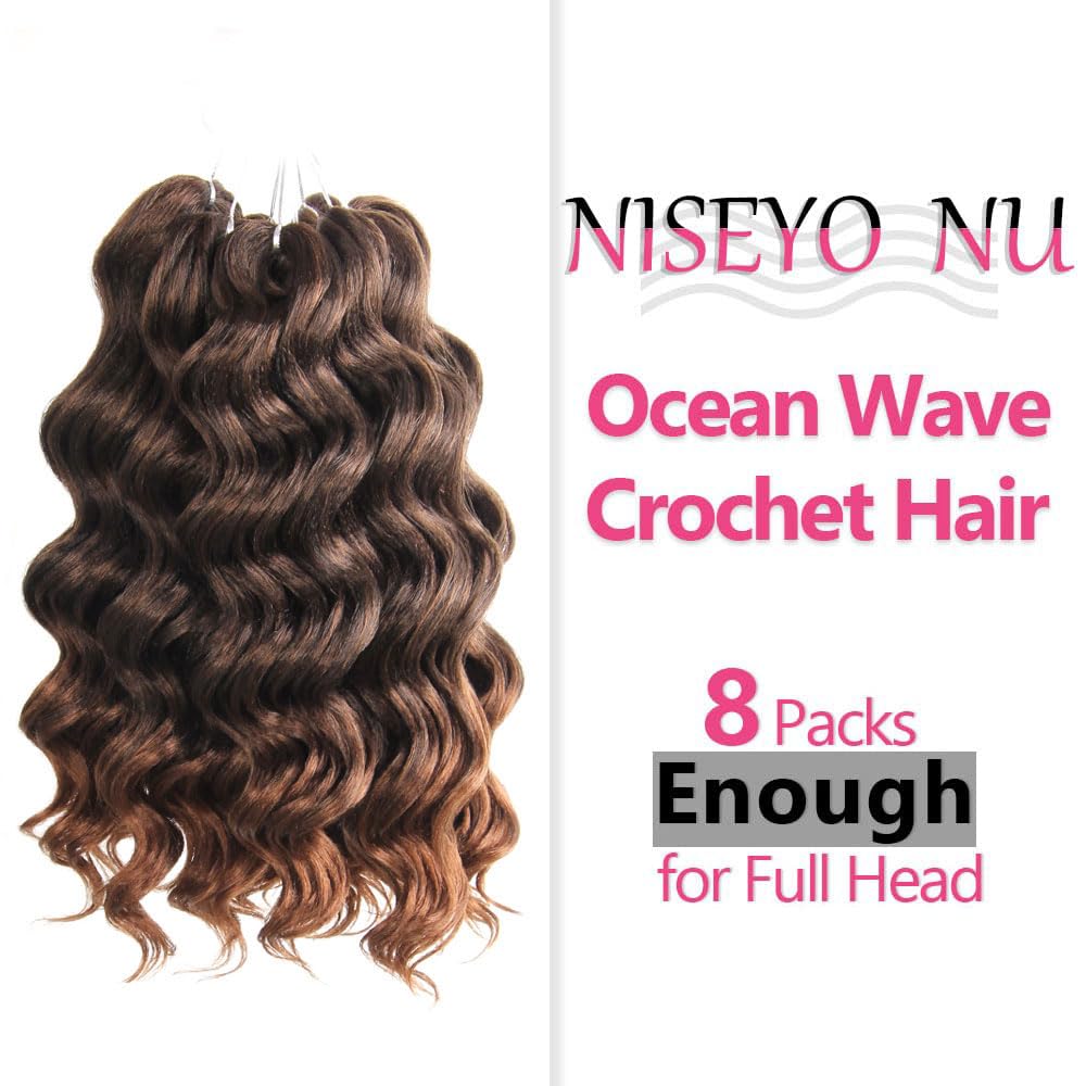Niseyo NU Short Ocean Wave Crochet Hair 9 Inch 8 Packs Deep Wave Crochet Hair Synthetic Wavy Crochet Braids (T30 Ombre Light Brown)
