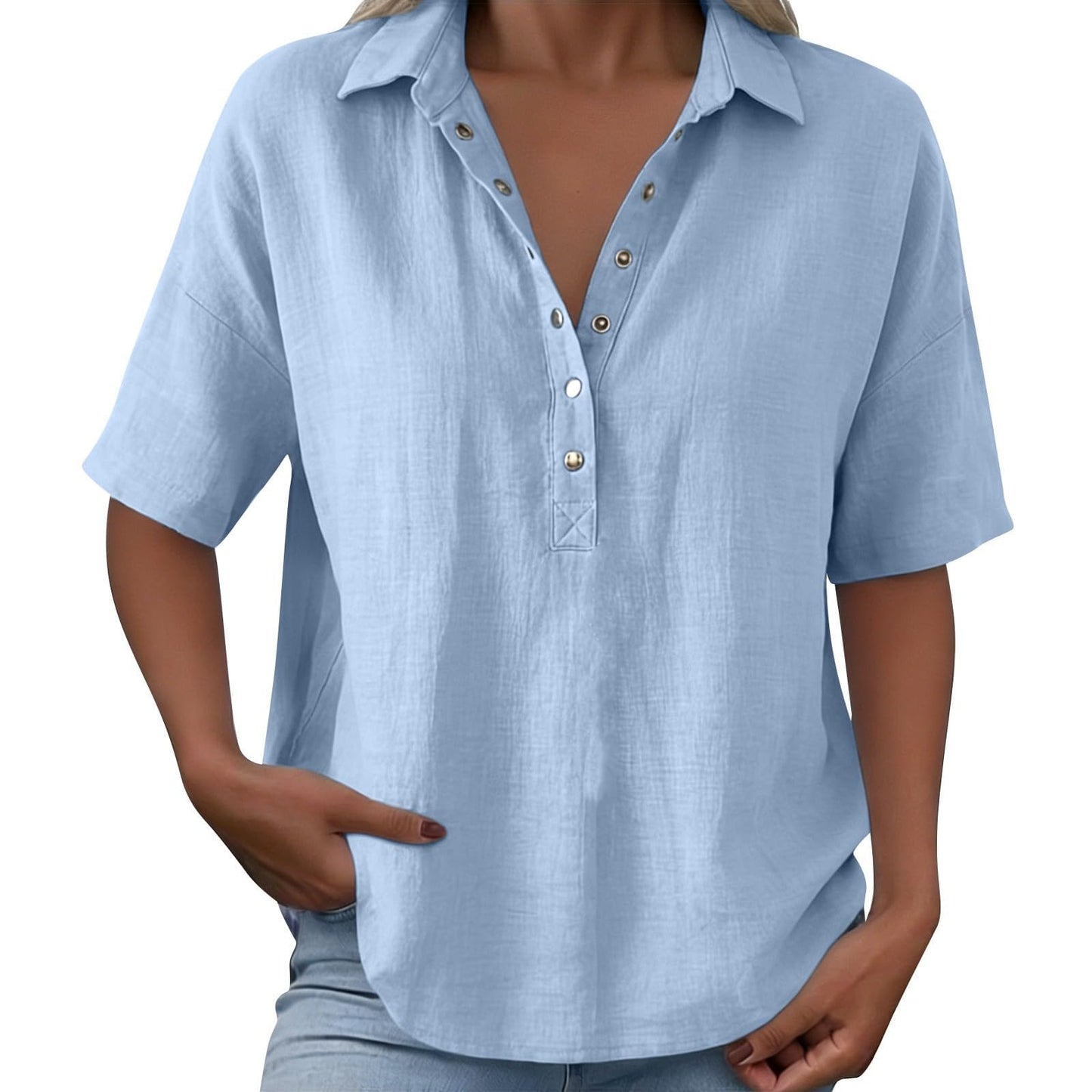 Linen Button Down Shirt Women,Cotton Linen Tops for Women Button Down V-Neck Short Sleeve Gauze Shirts Summer Casual Beach Vacation Blouses 2026 Light Blue