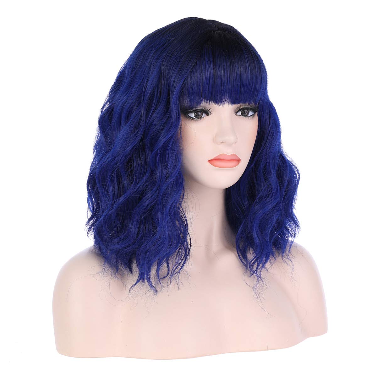 incohair Ombre Wig Blue Wigs 14 inches Black to Dark Blue Ombre Wigs 2 Tones Color Short Curly Bob Wig with Bangs Synthetic Cosplay Party Daily Wigs Wig Cap Included (Ombre Dark Blue)