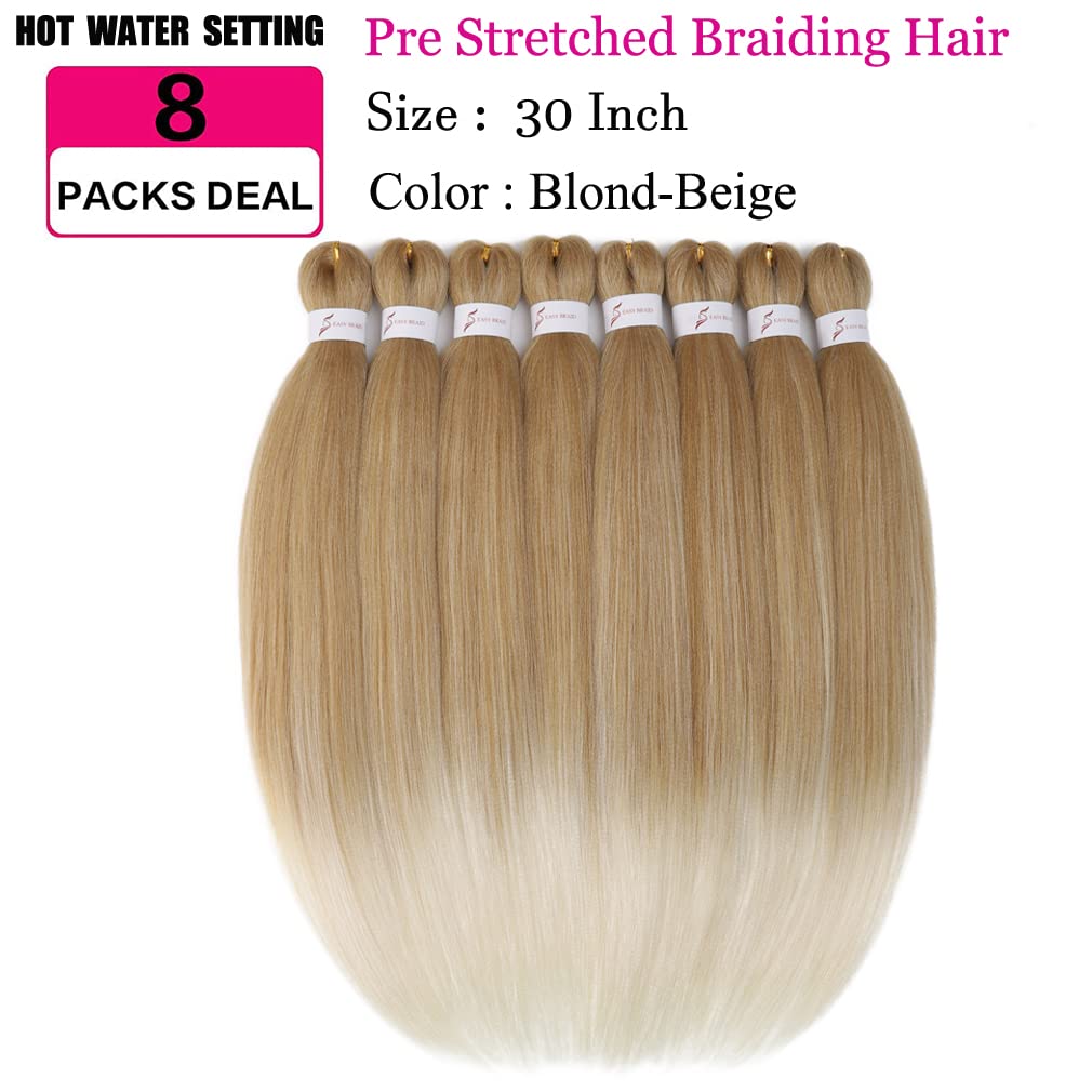 Pre stretched Braiding Hair 30 Inch 8 Packs Professional Hair Extensions Synthetic Braid Hair Crochet Braids Soft Yaki Texture Hot Water Setting(30",mixed blond & beige)