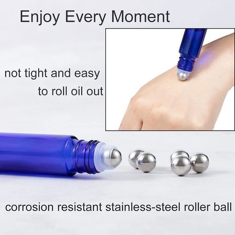 ZIZEMOJA 6Pcs 10ml Essential Oil Roller Bottles, with Stainless Steel Roller Balls, 10ml Blue Glass Roll on Bottles for Essential Oils, 1 Extra Roller Ball, 6 Labels, 1 Openers, 2 Droppers Included