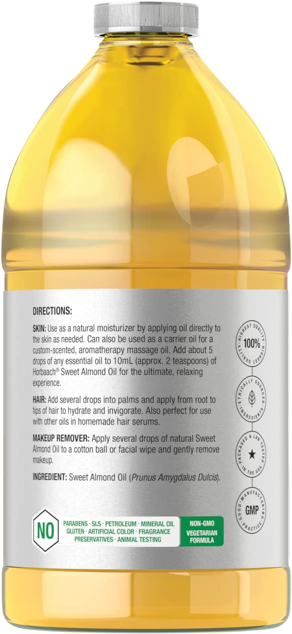 Horbäach Sweet Almond Oil 64 fl oz | for Hair and Skin | Cold Pressed & Hexane Free | Bulk Size Carrier Oil | Vegan, Non-GMO, Cruelty Free