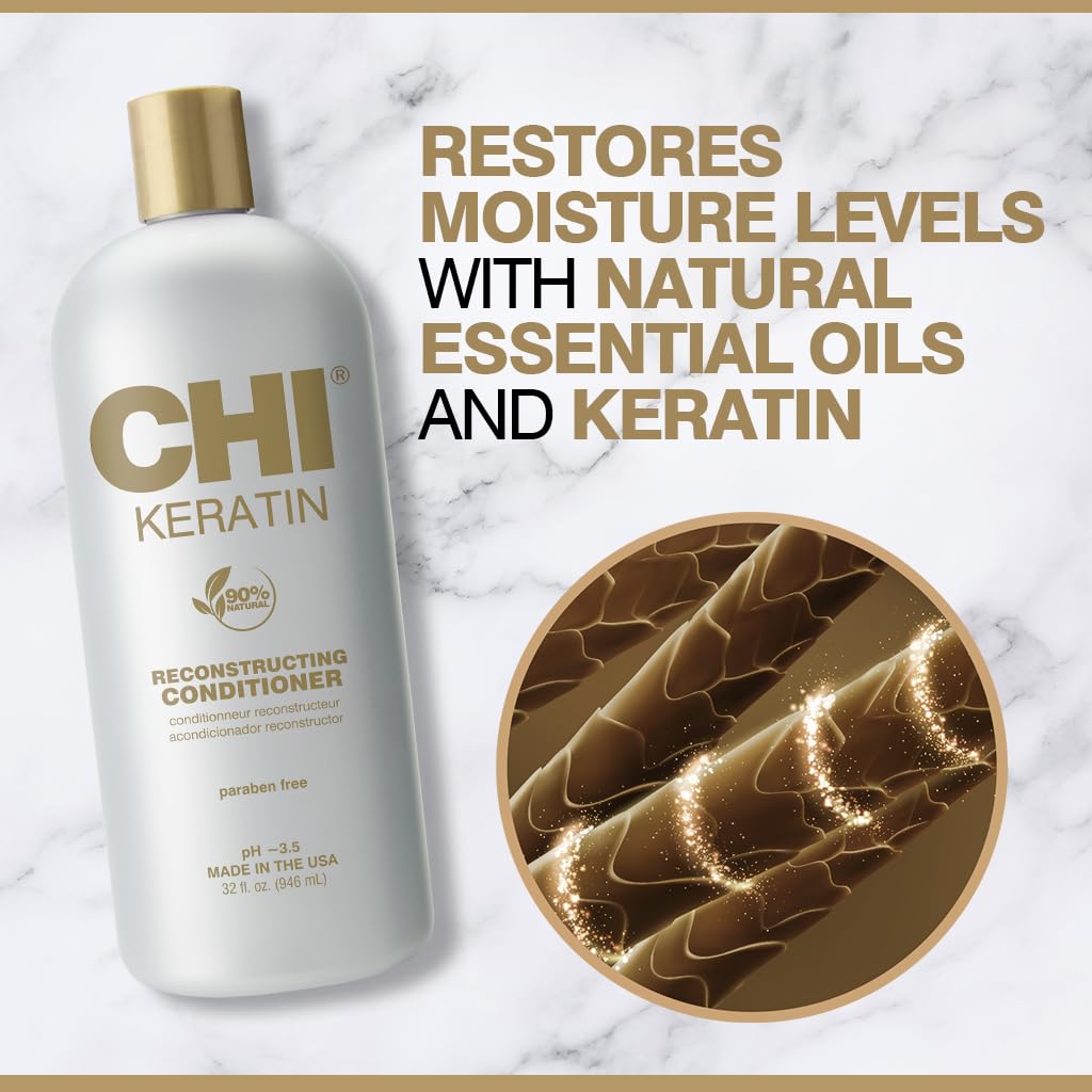 CHI Keratin Reconstructing Shampoo, Delivers Healthier Hair, Adds Shine & Helps Prevent Future Breakage, Sulfate, Paraben, & Cruelty-Free, 32 Oz