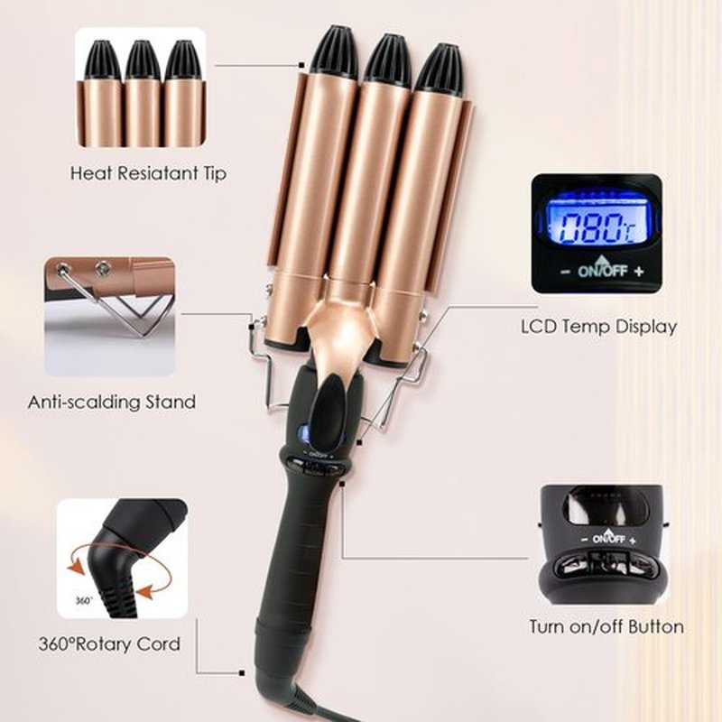 3 Barrel Wave Crimping Iron with LCD Display, 1 inch Ceramic Triple Barrel Beach Waver, Dual Voltage