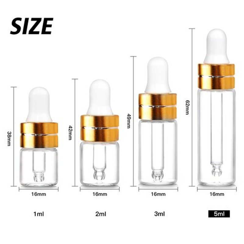 Comrzor 50 Pack 5ml Clear Glass Dropper Bottles with 2 Pcs Plastic Droppers, Mini Sample Dropper Bottles for Essential Oils Perfume Cosmetic Liquid, Empty Travel Sample Vials with Gold Cap