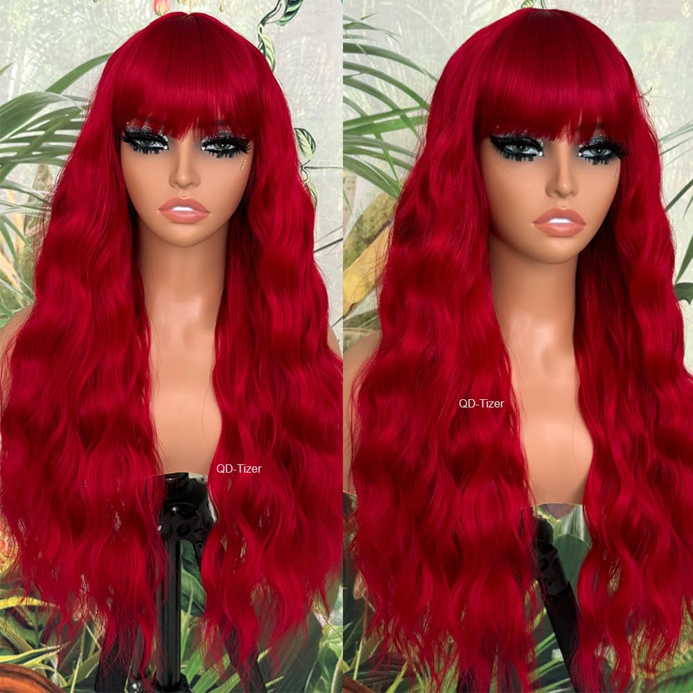 QD-Tizer Red Wig with Bangs Long Wavy Curly Hair Wigs for Women Loose Curly Heat Resistant Synthetic Fiber Wigs for Daily Party Use