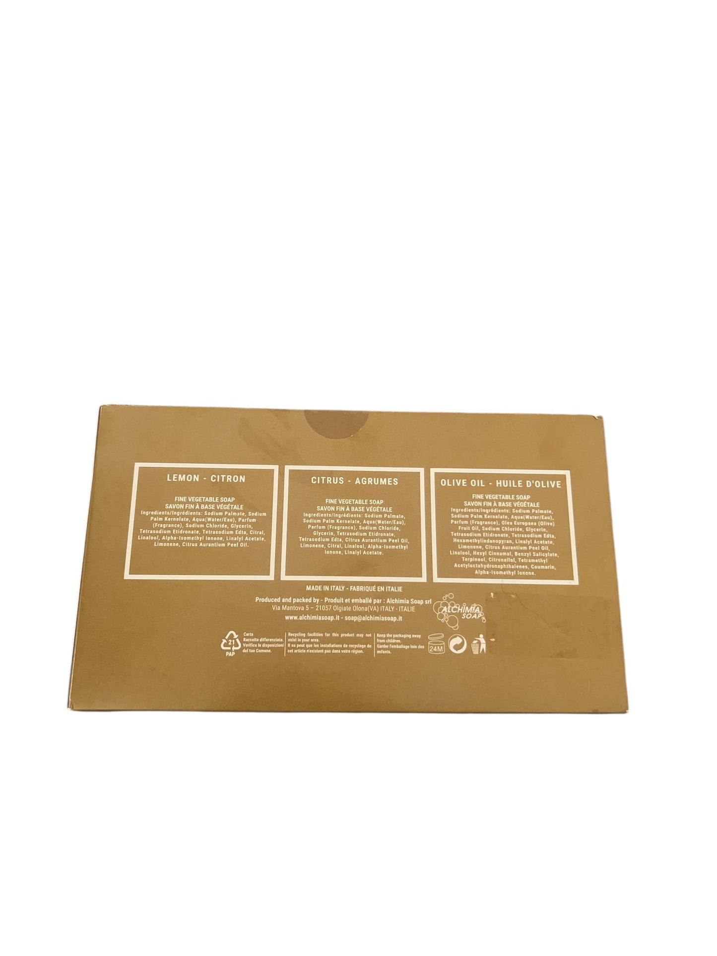 Alchimia Citrus, Lemon, Olive Oil Vegetable Handmade Italian Soap Bar Boxed 3pc Set 3 Bar x 5.3 Oz