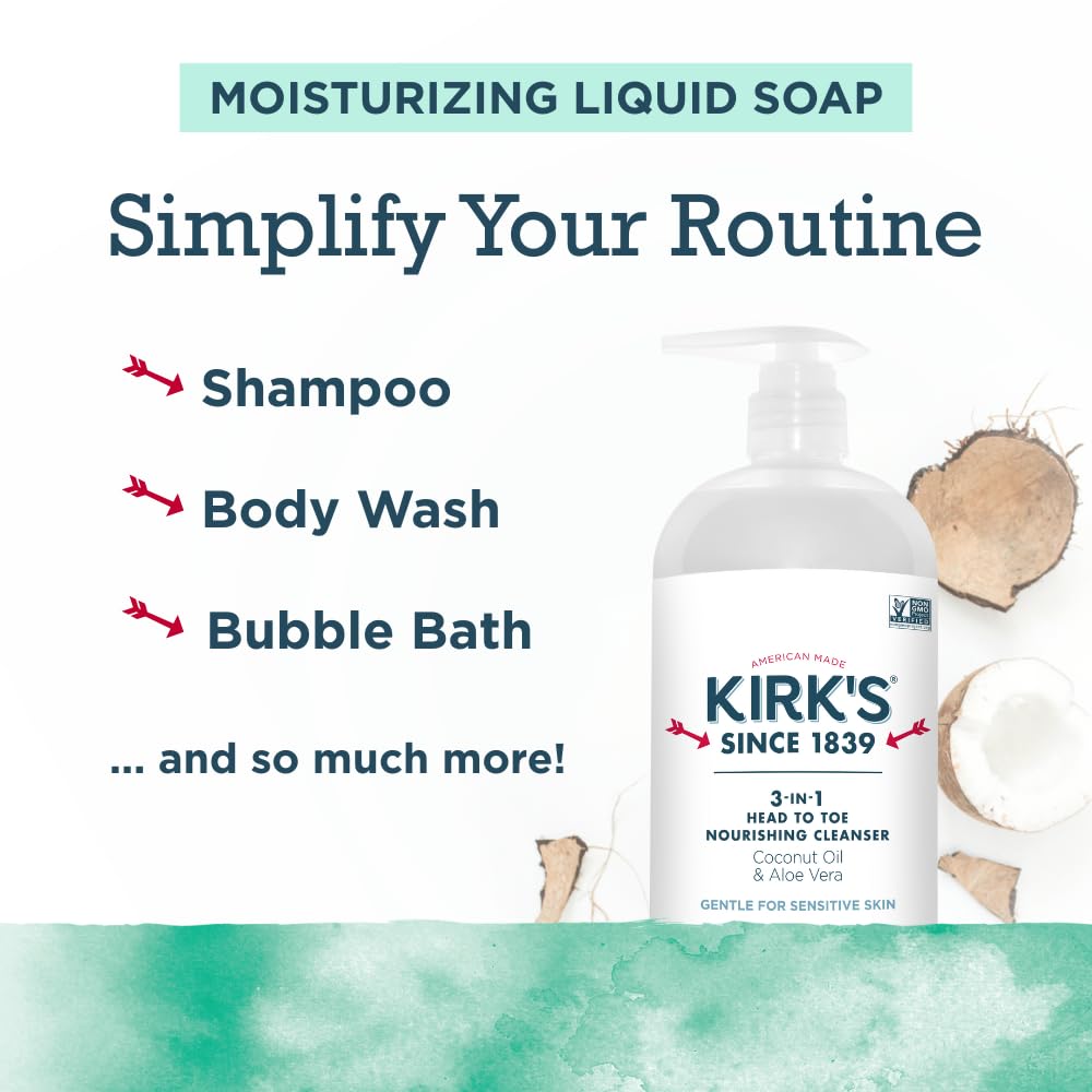 Kirk's 3-in-1 Head to Toe Nourishing Liquid Cleanser & Travel Size Bar Soap - for Men, Women & Children - Premium Coconut Oil & Aloe Vera- Non GMO & Vegan -Mint & Eucalyptus - 32 Fl Oz. 2 pack