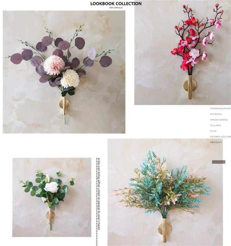 2 Pcs Gold Wall Decor, Plant Wall Vase Metal Tube Decoration Holder Used to Display Dried Flowers, Faux Flowers, Fake Flowers, Also Suitable for Gravestone Memorial Decoration (Round Gold)