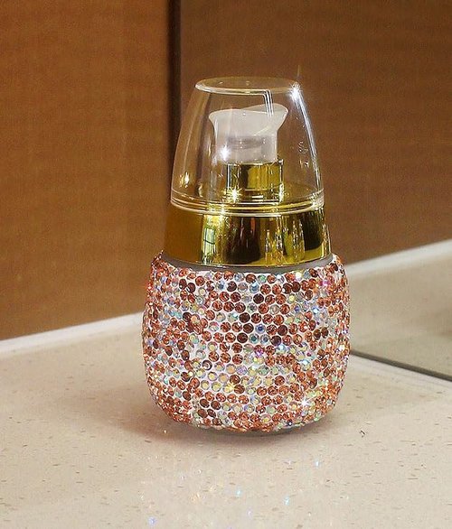 Rhinestone Travel Portable 30ml Lotion Dispensing Empty Bottle - Luxury Bling Glass Cosmetic Empty Container - Press Pump Design for Easy Dispensing - Ideal for Beauty On-The-Go (Golden)